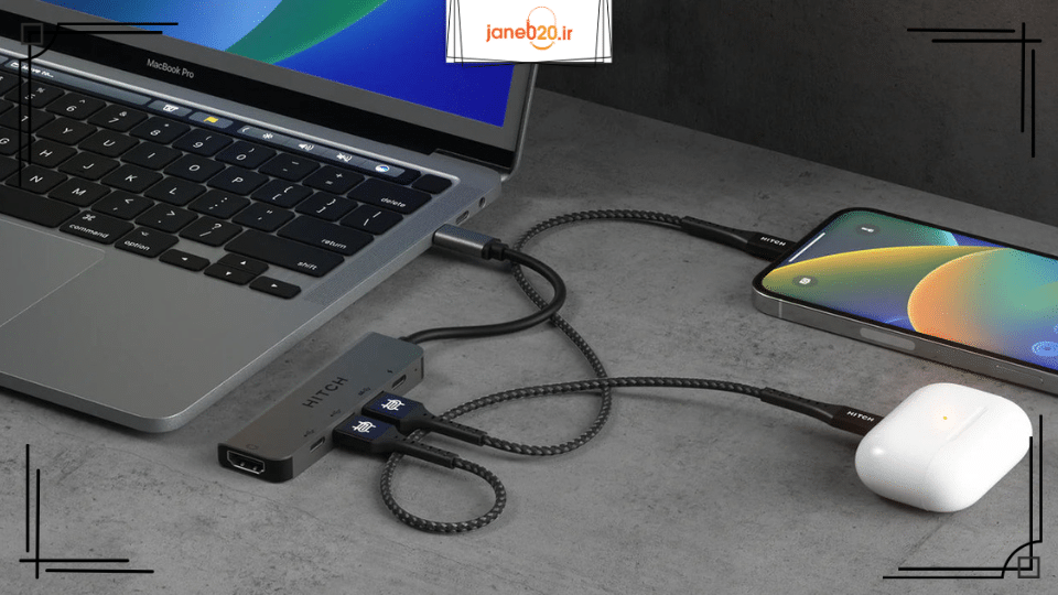 تصویری از یک مبدل وصل شده به مک بوک ، آیفون و ایرپاد