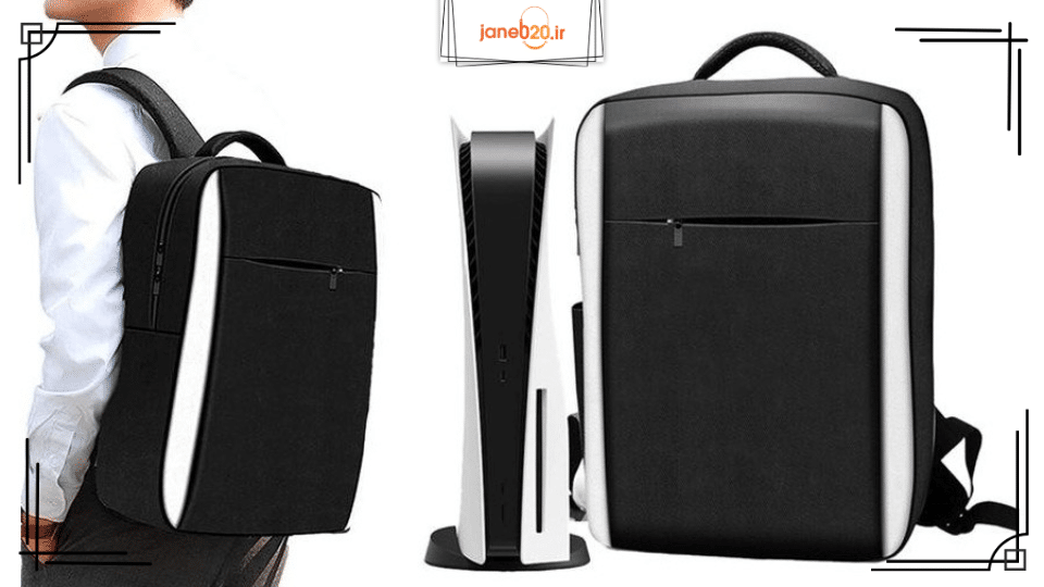 تصویری از یک کیف کنسول پی اس 5 در شانه یک مرد