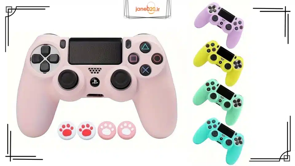 تصویری از یک دسته بازی PS4 در کنار چند مدل کاور دسته بازی