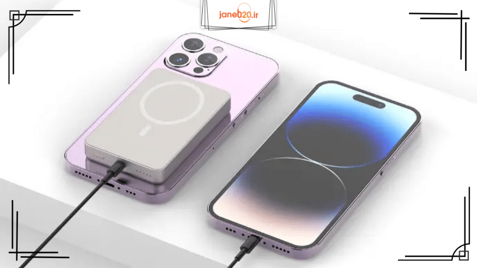 تصویری از 2 موبایل آیفون در حال شارژ شدن با پاور بانک وایرلسی و سیمی