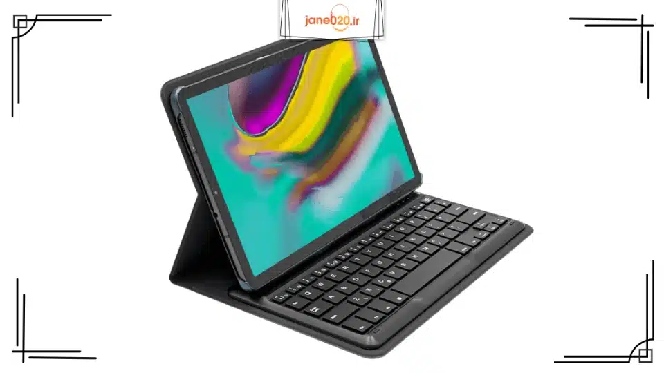 تصویری از یک تبلت در یک قاب تبلت با کیبورد