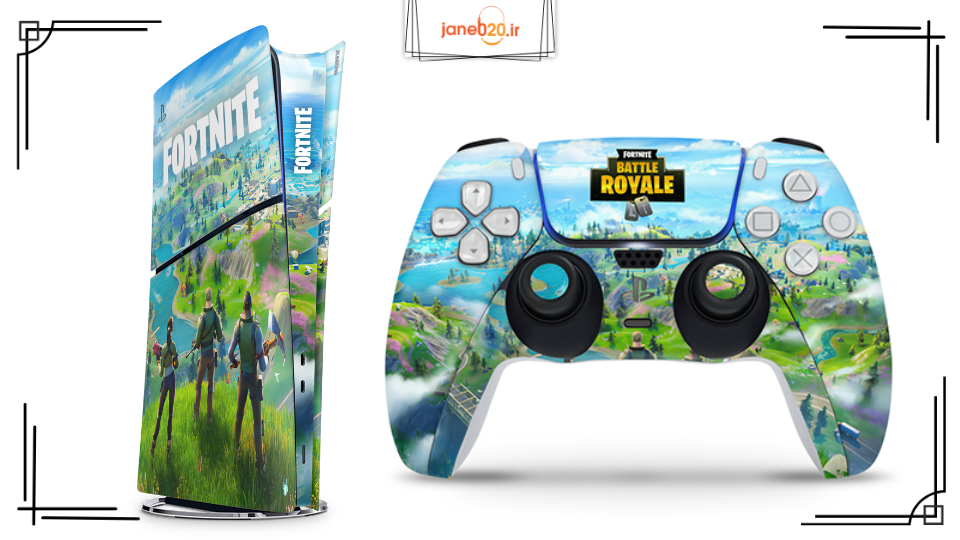 تصویری از کنسول بازی و دسته با برچسب طرح دار